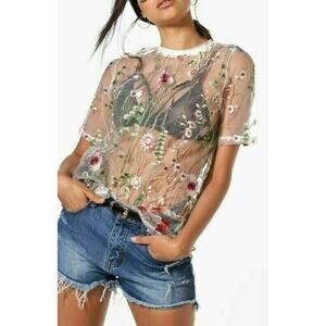 White Mesh Lace Semi-Sheer Embroidered NEW Boutique Oversized Summer Top US 8, M